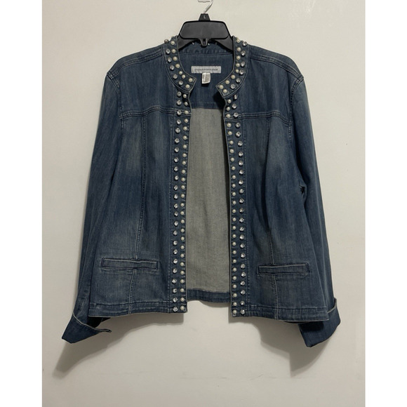 Chicos Platinum Denim Jacket Womens 3 Embellished Open Front Cuff Sleeves Pearls - Picture 1 of 10